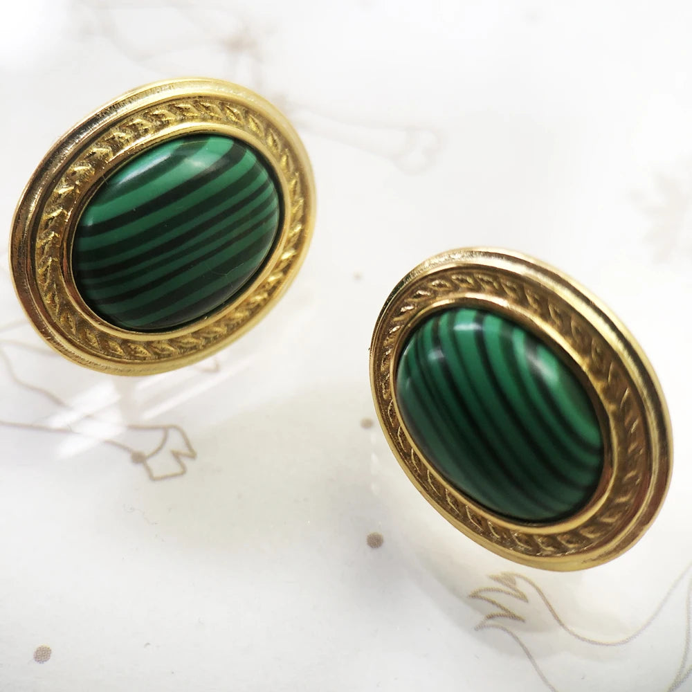 14ct Gold 2024 Plated Silver Malachite Oval Stud Earrings