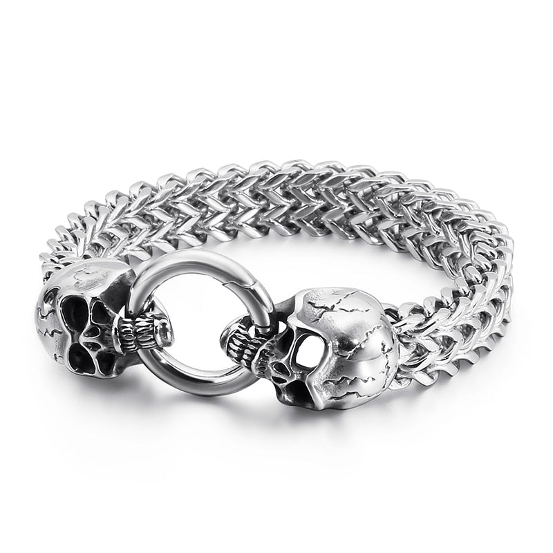 Men's Double Skull Head Foxtail Chain 316 Stainless steel Bracelet