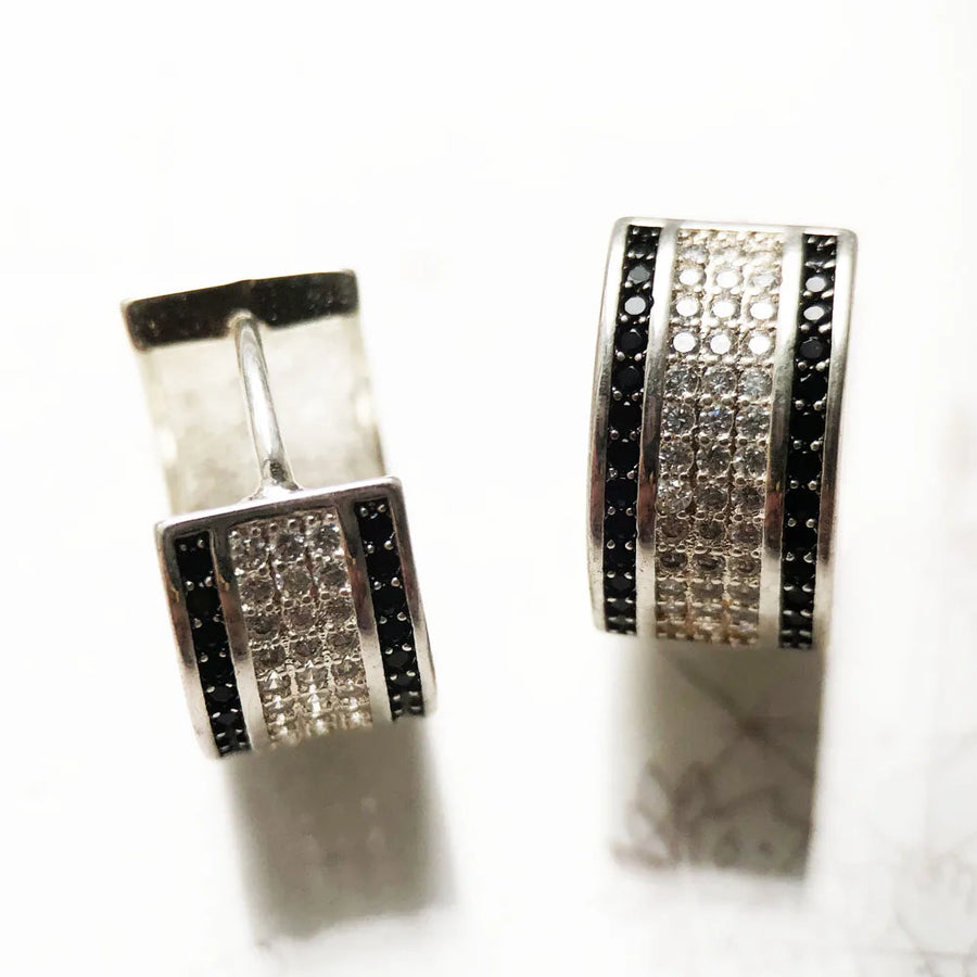 Sterling Silver Clear and Black Cubic Zirconia Pave Hoop Earrings