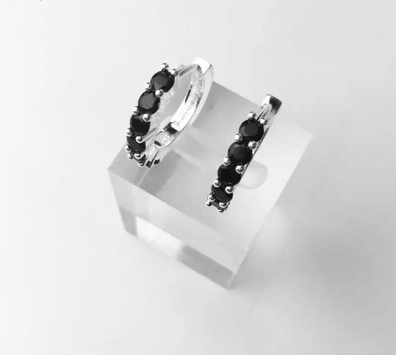 Black Cubic Zirconia Sterling Silver Huggie Hoop Earrings