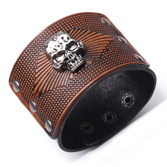Men's Wide Leather Skull Head Bracelet