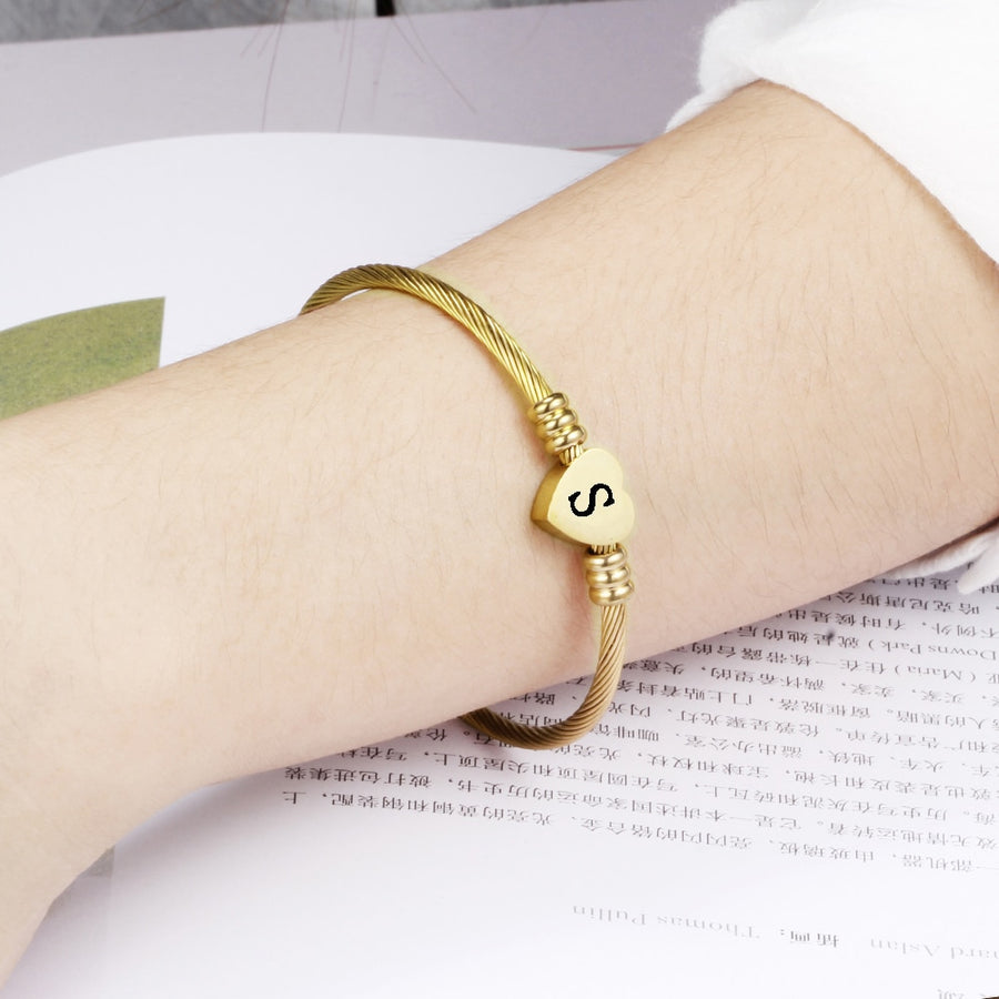 Gold Stainless Steel A-Z Initial Heart Bangle