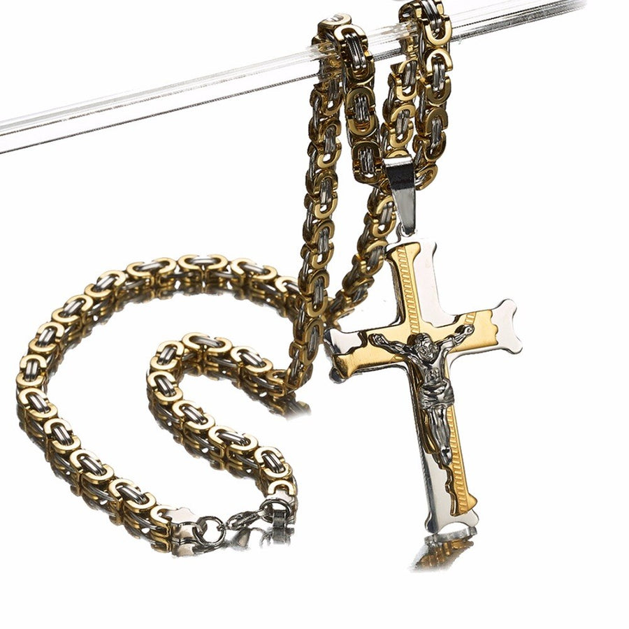 Men's Gold & Silver Jesus Cross Pendant Necklace 6MM