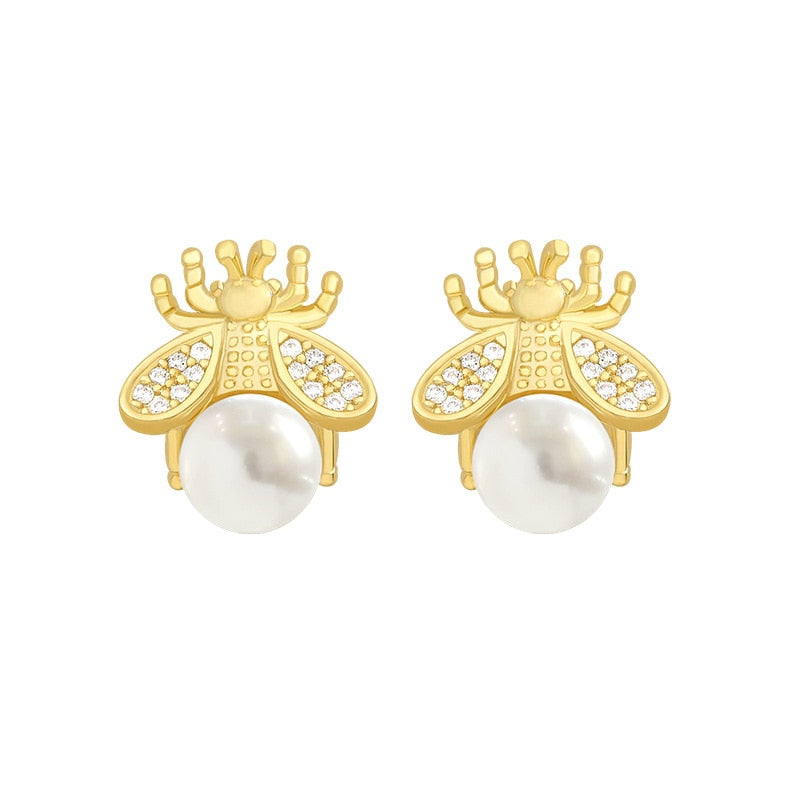 Gold Honey Bee Pearl Stud Earrings