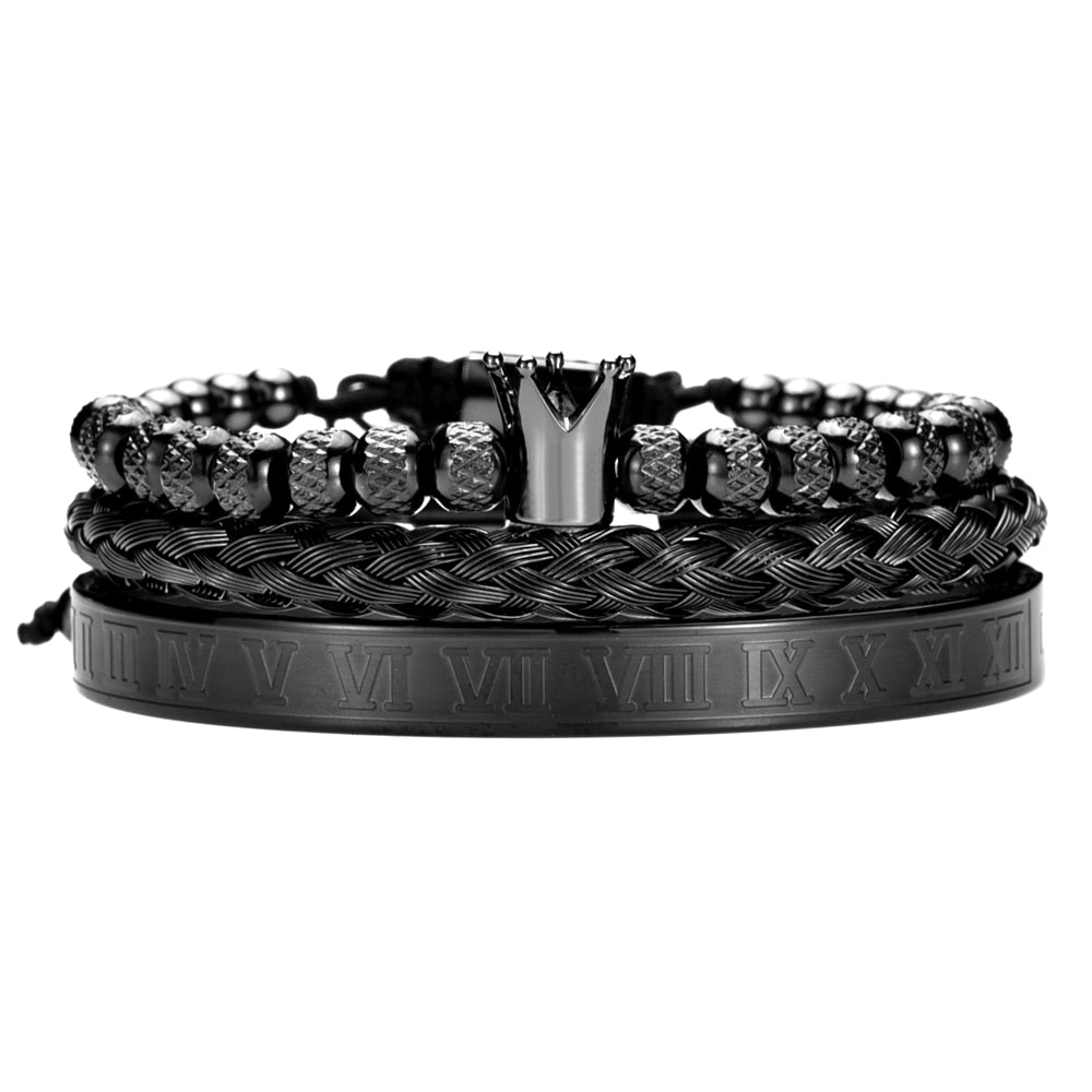 Luxury Mens Stainless Steel Crown Bracelet Set in Black – Heluix