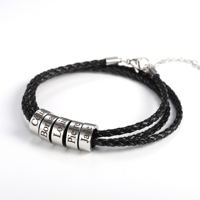 Leather Braided Bracelet With Personalised Name Rings