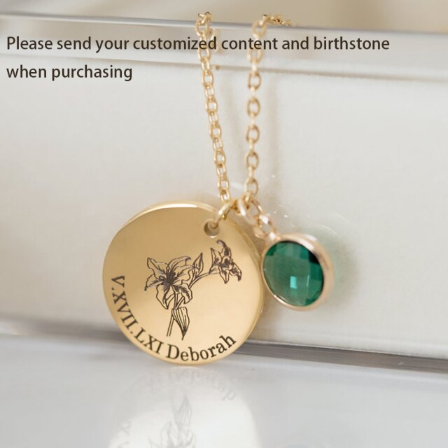 Birth Flower & Birth Stone Custom Engraved Necklace