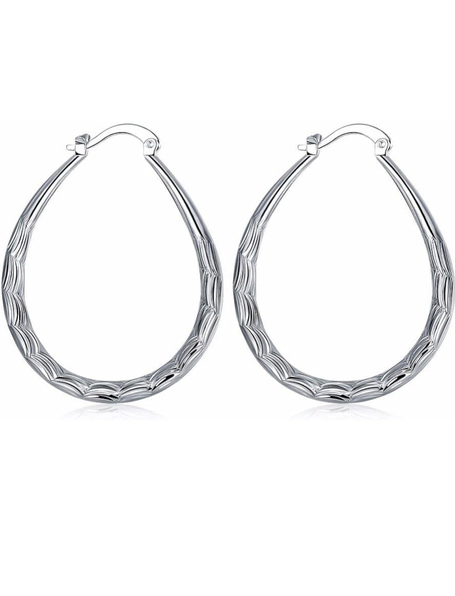 Sterling Silver Large Oval Textured Hoop Earrings