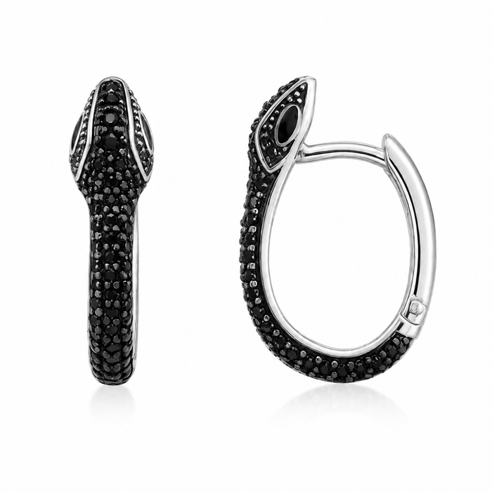 Venom Black Crystal Snake Hoop Earrings – 925 Sterling Silver