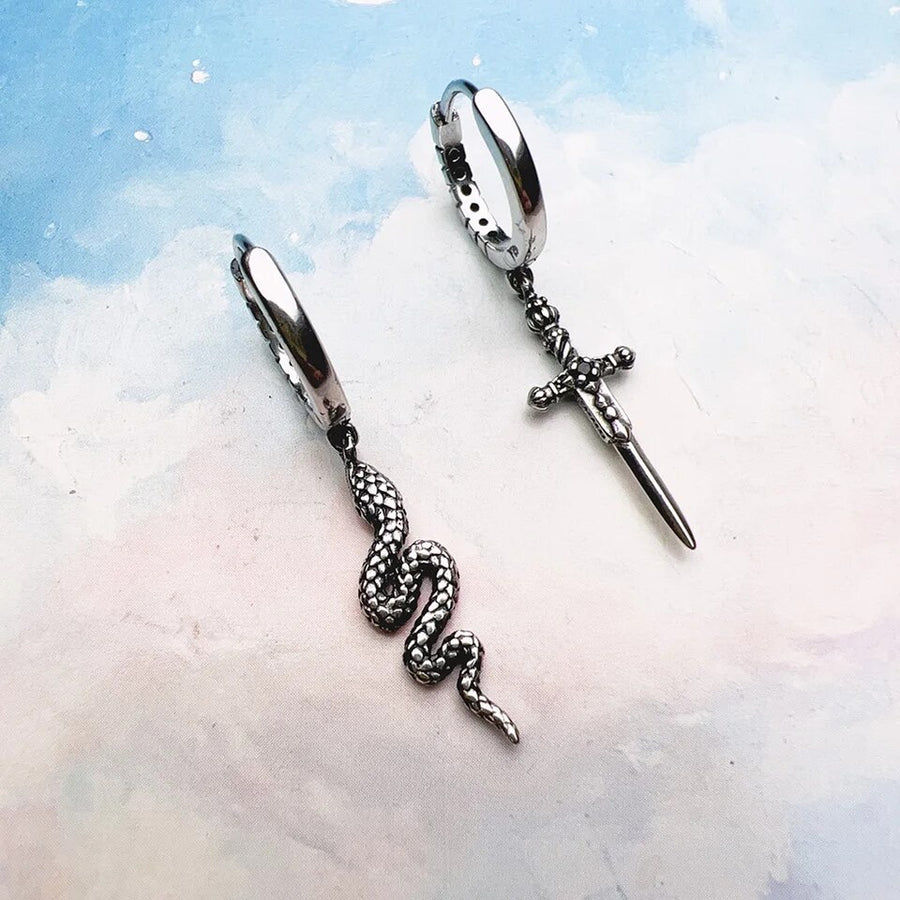 Sterling Silver Snake and Dagger Black Crystal Drop Earrings
