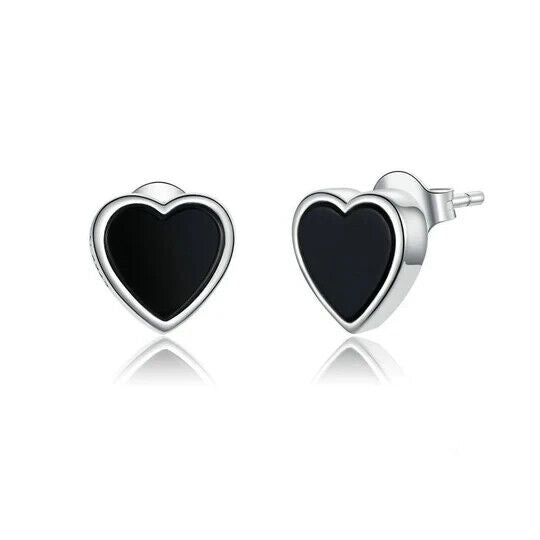925 Sterling Silver Black Onyx Heart Stud Earrings