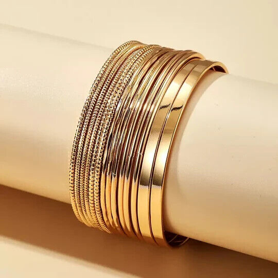 Women's Gold Multi-layered 14 Piece Stacked Bangle