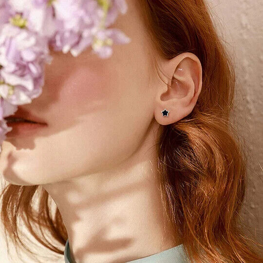 925 Sterling Silver Mini Black Star Screw Stud Earrings