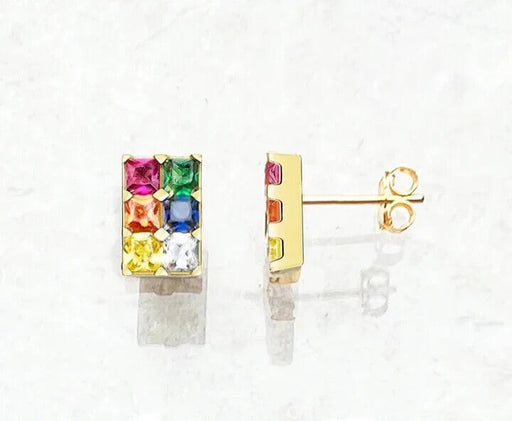 925 Sterling Silver Rainbow Block Squares Stud Earrings