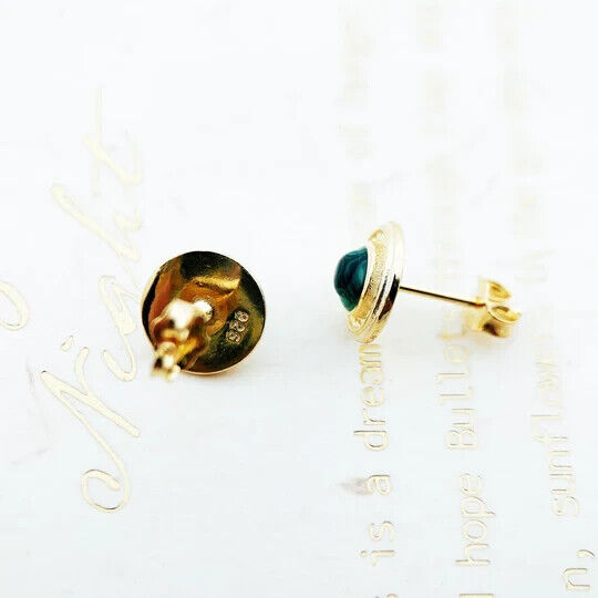 925 Sterling Silver Gold Plated Green Malachite Round Stud Earrings