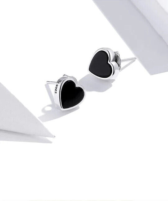 925 Sterling Silver Black Onyx Heart Stud Earrings