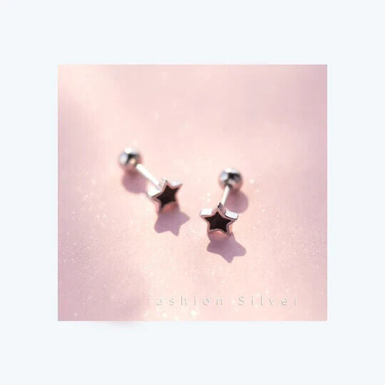 925 Sterling Silver Mini Black Star Screw Stud Earrings