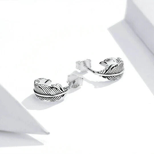 925 Sterling Silver Feather Stud Hoop Earrings