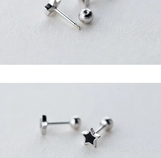 925 Sterling Silver Mini Black Star Screw Stud Earrings