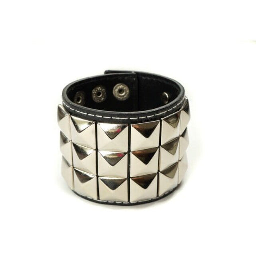 Mens 3 Row Silver Pyramid Studded Wristband Black - Emo Metal Gothic
