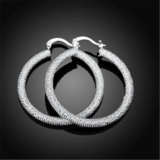 925 Sterling Silver 35mm Scrub Textured Hoop Earrings