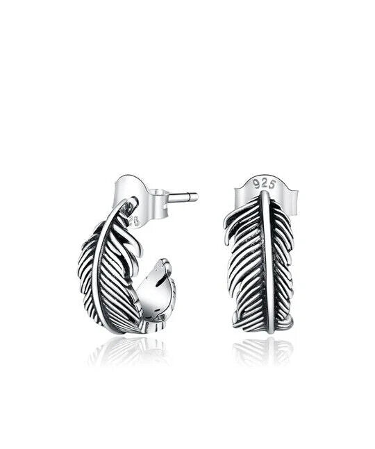 925 Sterling Silver Feather Stud Hoop Earrings