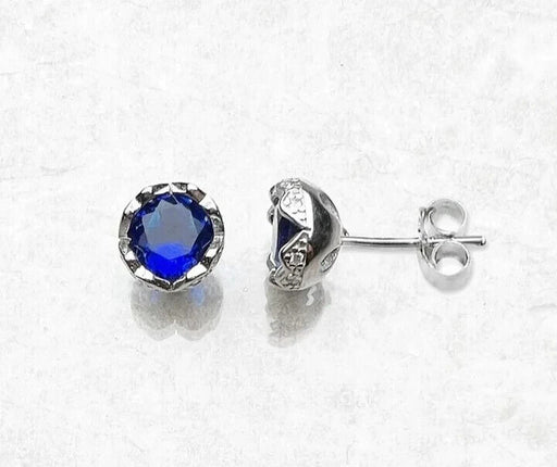Sterling Silver Blue Sapphire Lotus Flower Stud Earrings Sterling
