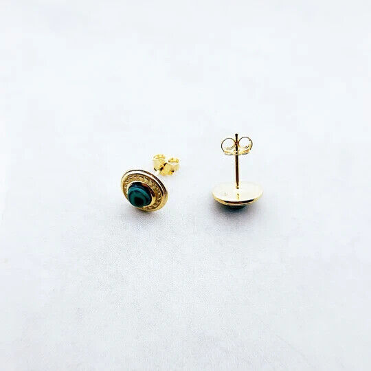 925 Sterling Silver Gold Plated Green Malachite Round Stud Earrings