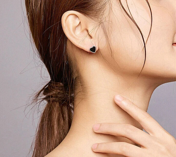 925 Sterling Silver Black Onyx Heart Stud Earrings