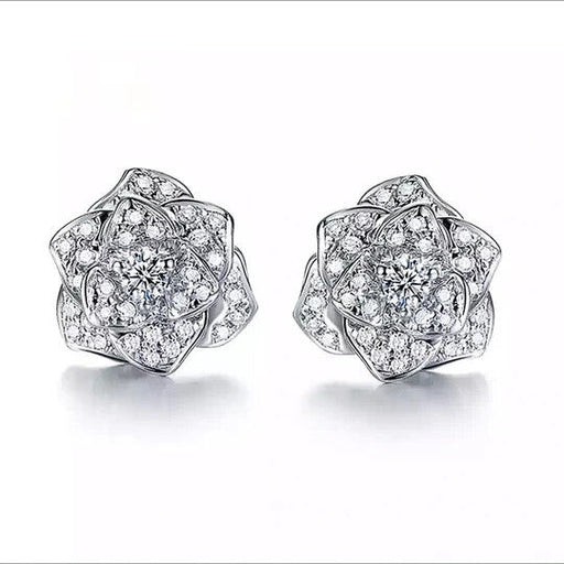 Sterling Silver Shiny Cubic Zirconia Flower Stud Earrings