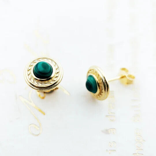 925 Sterling Silver Gold Plated Green Malachite Round Stud Earrings