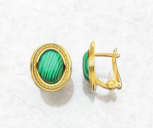 Sterling Silver Gold Malachite Oval Stud Earrings