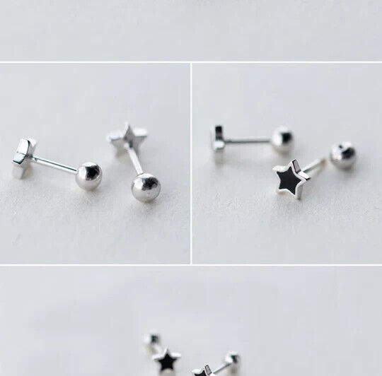 925 Sterling Silver Mini Black Star Screw Stud Earrings