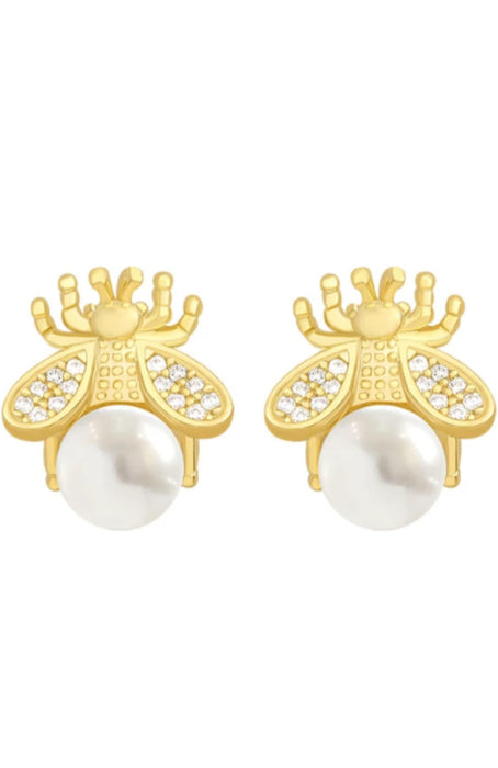Gold Bumble Bee Stud Earrings with Simulated Pearl