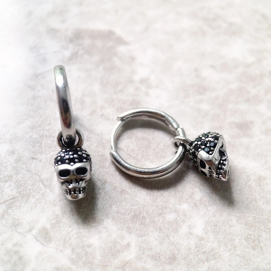 Sterling Silver Black Crystal Skull Hoop earrings