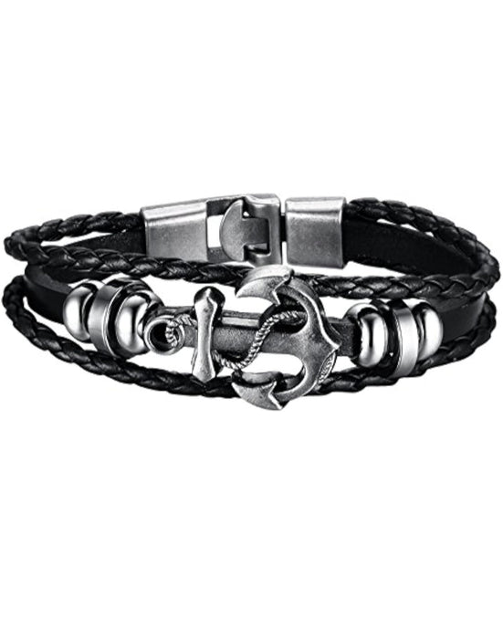 Men’s Leather Surfer Bracelet Black Anchor Stainless Steel
