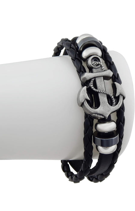 Men’s Leather Surfer Bracelet Black Anchor Stainless Steel