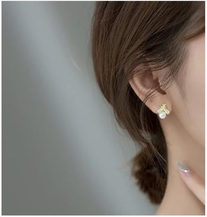 Gold Bumble Bee Stud Earrings with Simulated Pearl