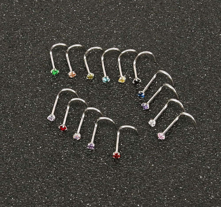 10 x Curved Nose Rings - Stainless Steel Zircon Screw Piercing Body Jewellery