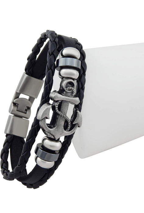 Men’s Leather Surfer Bracelet Black Anchor Stainless Steel