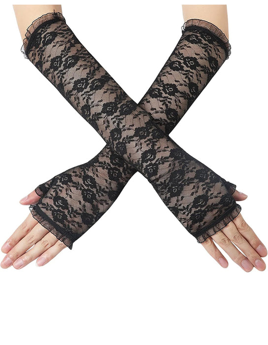 Women's Long Lace Fingerless Elbow Length Floral Gloves for Wedding, Opera, Tea Party, Gothic