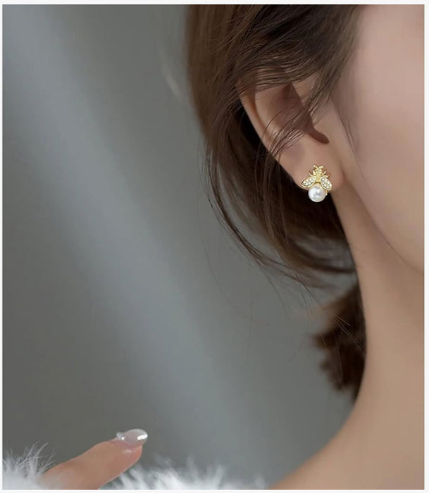Gold Bumble Bee Stud Earrings with Simulated Pearl