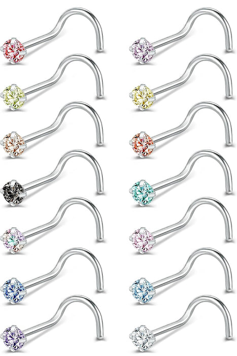 10 x Curved Nose Rings - Stainless Steel Zircon Screw Piercing Body Jewellery