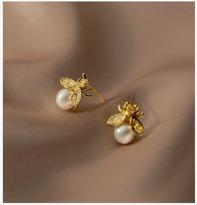 Gold Bumble Bee Stud Earrings with Simulated Pearl