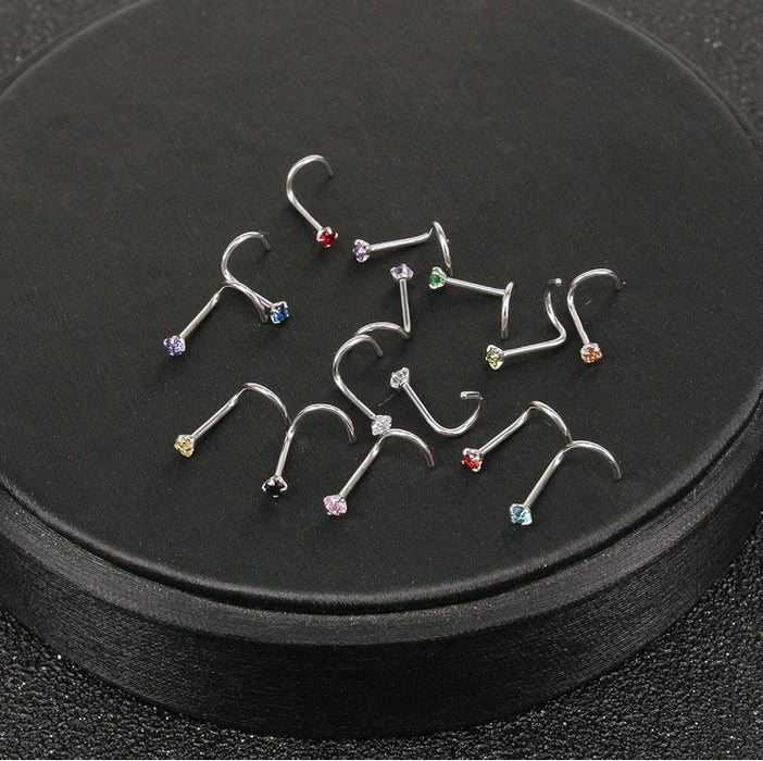 10 x Curved Nose Rings - Stainless Steel Zircon Screw Piercing Body Jewellery