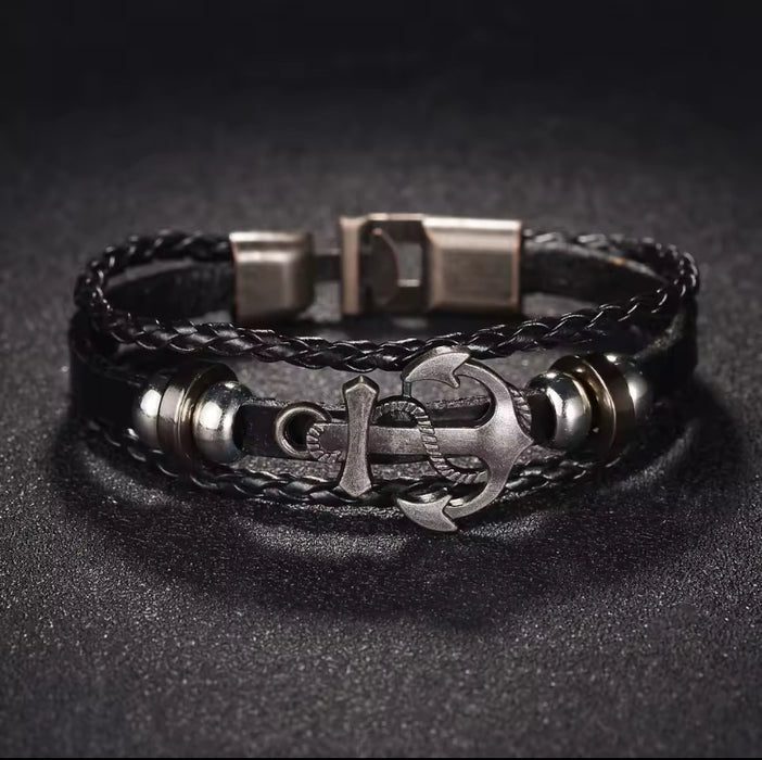 Men’s Leather Surfer Bracelet Black Anchor Stainless Steel