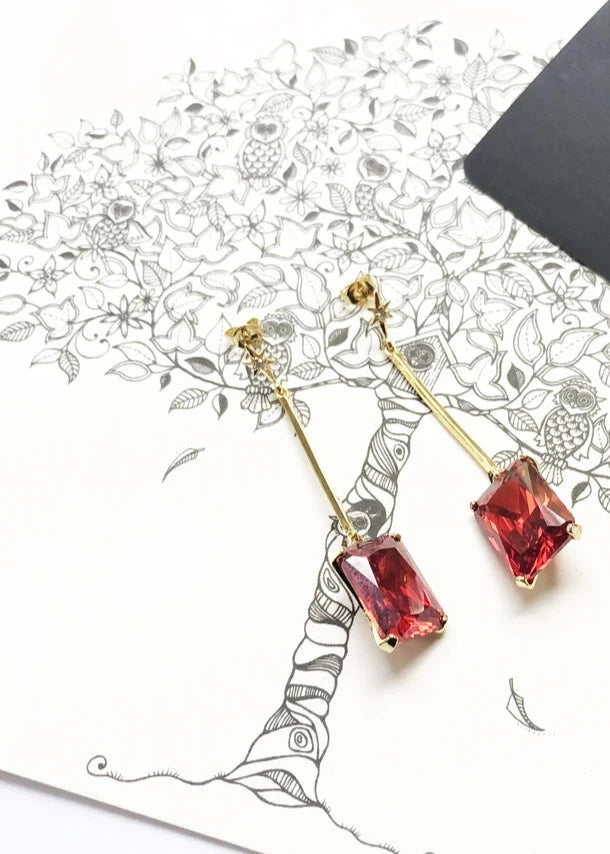 Sterling Silver Gold Star Red Stone Drop Earrings