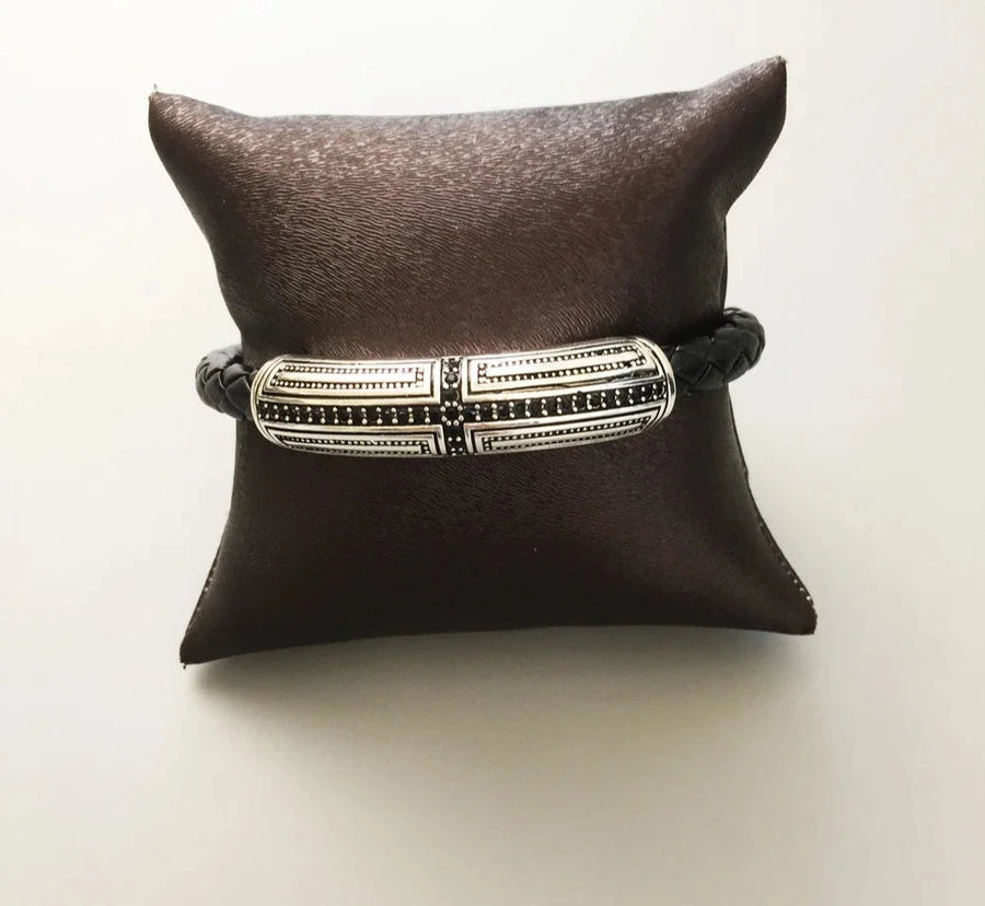 Chunky Leather and Sterling Silver Tribal Bracelet