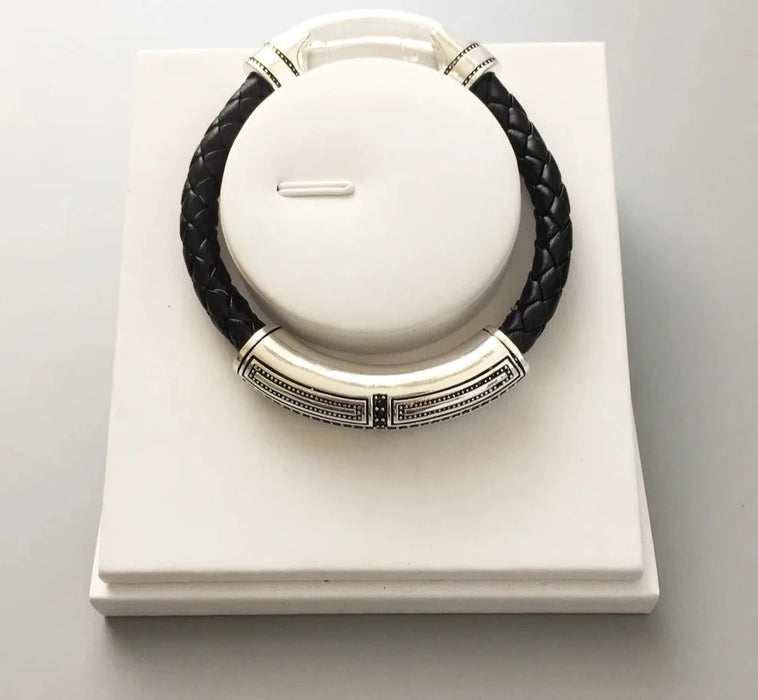 Chunky Leather and Sterling Silver Tribal Bracelet