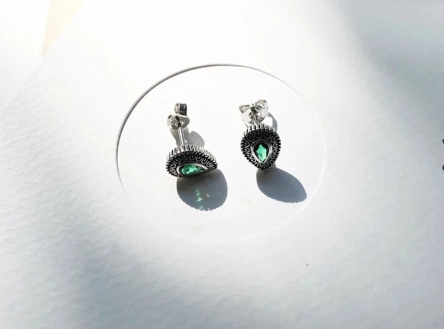 Sterling Silver Emerald Green Water Drop Stud Earrings